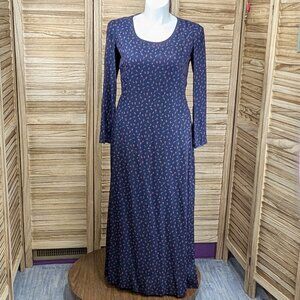 VINTAGE Homemade Navy Long Sleeve Maxi Dress with Red Flowers